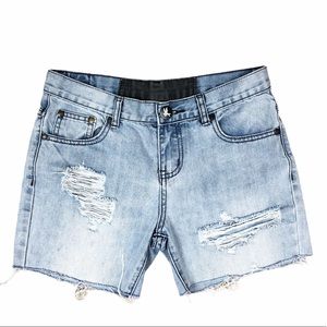 One Teaspoon Light Wash Distressed Denim Shorts